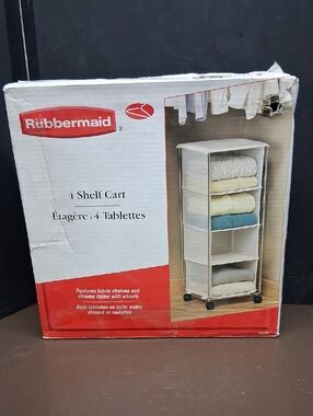 Rubbermaid 4 Shelf Cart Featuring Chrome Frame With Wheels